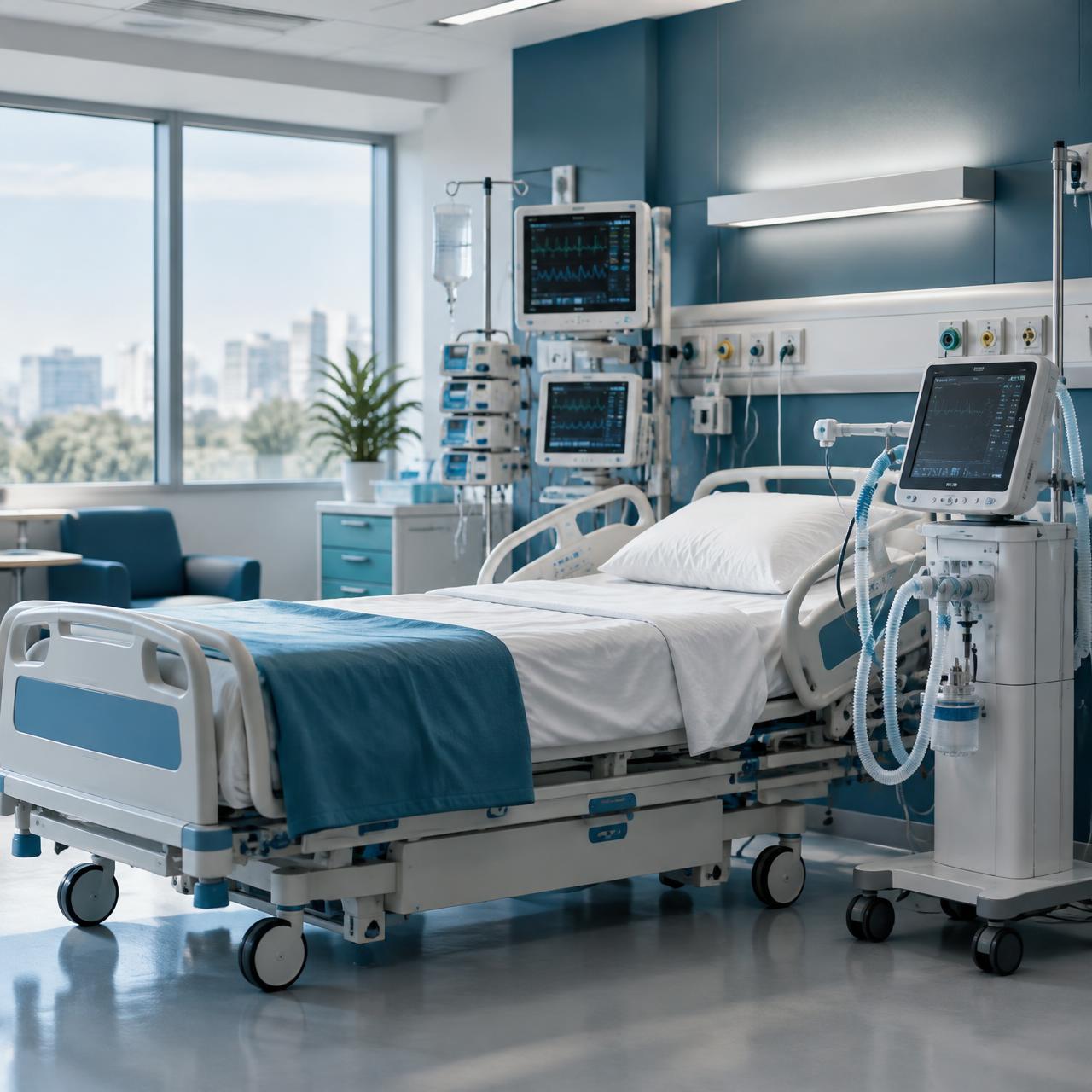 Modern intensive care room with patient monitors and a ventilator